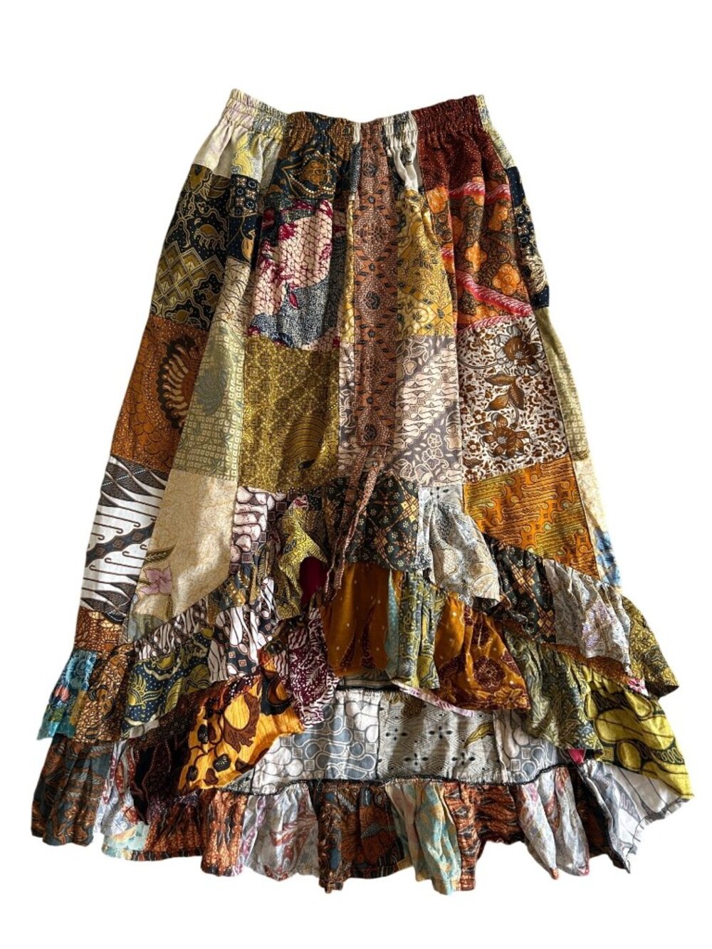 Jaded Gypsy Bohemian Patchwork Maxi Skirt With Ruffle Hem Elastic Waist
